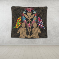 Hawaii Map Kanaka Two Men Holding Flag Tapestry Gold - AH - Polynesian Pride
