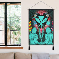 Hawaii Map Kanaka Two Men Holding Flag Hanging Poster Turquoise - AH - Polynesian Pride