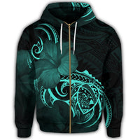 Hawaii Map Turtle Hibiscus Divise Polynesian Zip Hoodie Turquoise - Polynesian Pride