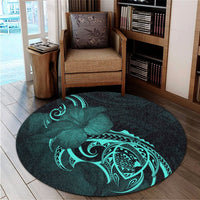 Hawaii Map Turtle Hibiscus Divise Polynesian Round Carpet Turquoise - AH - Polynesian Pride