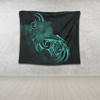 Hawaii Map Turtle Hibiscus Divise Polynesian Tapestry Turquoise - AH - Polynesian Pride