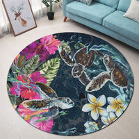 Hawaii Map Turtle Swimming Hibiscus Plumeria Moana Round Carpet - AH - Polynesian Pride