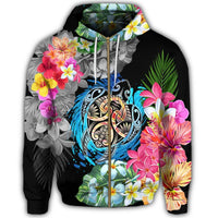 Hawaii Plumeria Hibiscus Wave Turtle Zip Hoodie - Polynesian Pride