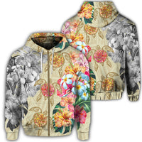 Hawaii Polynesian Flowers Swimming Turtles Zip Hoodie Unisex Art - Polynesian Pride
