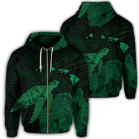 Hawaii Polynesian Hibiscus Turtle Map Zip Hoodie Green Unisex Art - Polynesian Pride