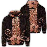 Hawaii Polynesian Zip Hoodie Pineapple Hibiscus Orange Unisex Art - Polynesian Pride