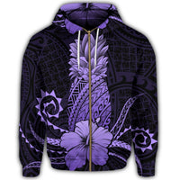 Hawaii Polynesian Zip Hoodie Pineapple Hibiscus Purple - Polynesian Pride