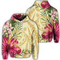 Hawaiian Polynesian Turtle Tropical Hibiscus Plumeria Hoodie Beige Unisex Art - Polynesian Pride