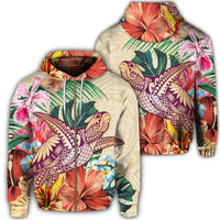Hawaii Tropical Hibiscus Turtle Beige Zip Hoodie Unisex Art - Polynesian Pride
