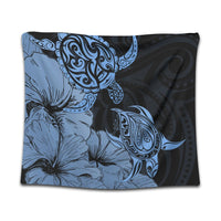 Hawaii Turtle Tapestry Polynesian Hibiscus Art Blue - AH Wall Tapestry Black - Polynesian Pride