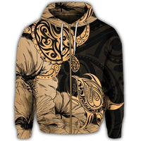 Hawaii Turtle Zip Hoodie Polynesian Hibiscus Art Gold - Polynesian Pride