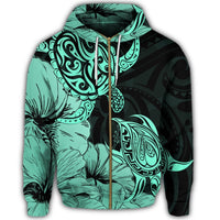 Hawaii Turtle Zip Hoodie Polynesian Hibiscus Art Turquoise - Polynesian Pride