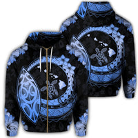 Hawaii Turtle Hibiscus Map Polynesian Zip Hoodie Blue Unisex Art - Polynesian Pride