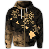Hawaii Turtle Hibiscus Map Polynesian Zip Hoodie Gold - Polynesian Pride