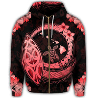 Hawaii Turtle Hibiscus Map Polynesian Zip Hoodie Red - Polynesian Pride
