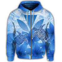 Hawaii Turtle Kanaka Plumeria Polynesian Zip Hoodie Blue - Polynesian Pride