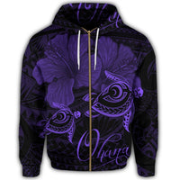 Hawaii Turtle Ohana Hibiscus Poly Zip Hoodie Purple - Polynesian Pride