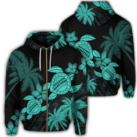 Hawaii Turtle Plumeria Coconut Tree Polynesian Zip Hoodie Turquoise Unisex Art - Polynesian Pride