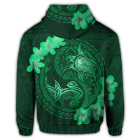 Hawaii Yin Yang Turtle Shark Hibiscus Plumeria Zip Hoodie Green - Polynesian Pride