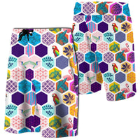 Hawaii Parrot Toucans Hummingbird Flamingo Tropica Board Shorts Men White - Polynesian Pride
