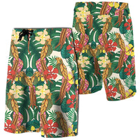 Hawaii Tropical Leaves Flowers And Birds Floral Board Shorts Men Green - Polynesian Pride