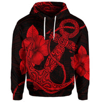 Custom Hawaiian Anchor Poly Tribal Hibiscus Polynesian Hoodie Red - Polynesian Pride