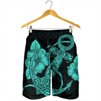 Hawaiian Anchor Poly Tribal Hibiscus Polynesian Men's Shorts Turquoise - AH - Polynesian Pride