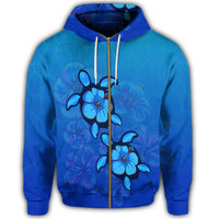 Hawaiian Blue Turtle and Hibiscus Polynesian Zip Hoodie - Polynesian Pride