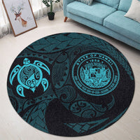 Hawaiian Coat Of Arms Turtle Polynesian Round Carpet Blue AH - Polynesian Pride