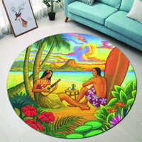 Hawaiian Couple Sing A Song On Beach Sunset Round Carpet - AH - Polynesian Pride