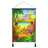Hawaiian Couple Sing A Song On Beach Sunset Hanging Poster - AH Hanging Poster Cotton And Linen - Polynesian Pride