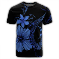 Hawaiian Fish Hook Hibiscus Plumeria Polynesian T Shirt Blue - Polynesian Pride