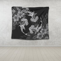 Hawaiian Hammerhead Shark Hibiscus White Polynesian Tapestry - AH - Polynesian Pride