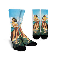 Hawaiian Hibiscus Aloha Hula Girl Dance On The Beach Crew Socks - AH Crew Socks White - Polynesian Pride