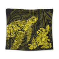 Hawaiian Hibiscus Memory Turtle Polynesian Tapestry Yellow - AH Wall Tapestry Black - Polynesian Pride