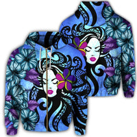 Hawaiian Hibiscus Plumeria Hula Girl Polynesian Zip Hoodie Unisex Art - Polynesian Pride