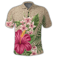 Hawaiian Hibiscus Plumeria Palm Leaves Lauhala Background Polynesian Polo Shirt - Polynesian Pride
