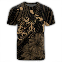 Hawaiian Hibiscus Sea Turtle Swim Polynesian T Shirt Gold - Polynesian Pride