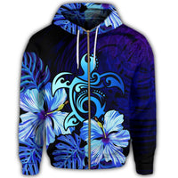 Hawaiian Hibiscus Tropical Deep Ocean Turtle Sea Zip Hoodie - Polynesian Pride