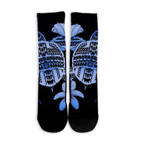 Hawaiian Kanaka Hibiscus Plumeria Mix Polynesian Turtle Crew Socks - Blue - AH - Polynesian Pride