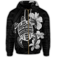 Hawaiian Kanaka Hibiscus Plumeria Mix Polynesian Turtle Zip Hoodie Gray - Polynesian Pride