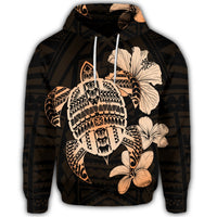 Hawaiian Kanaka Hibiscus Plumeria Mix Polynesian Turtle Hoodie Orange - Polynesian Pride