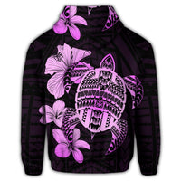 Hawaiian Kanaka Hibiscus Plumeria Mix Polynesian Turtle Zip Hoodie Pink - Polynesian Pride