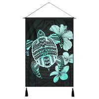 Hawaiian Kanaka Hibiscus Plumeria Mix Polynesian Turtle Hanging Poster - Turquoise - AH Hanging Poster Cotton And Linen - Polynesian Pride