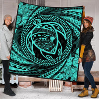 Hawaiian Kanaka Honu Hibiscus Tornando Polynesian Turquoise Premium Quilts - AH - Polynesian Pride