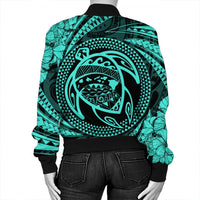 Hawaiian Kanaka Honu Hibiscus Tornando Polynesian Turquoise Bomber Jacket - AH - Polynesian Pride