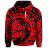 Hawaiian Kanaka Honu Map Hibiscus Globular Polynesian Red Zip Hoodie - Polynesian Pride