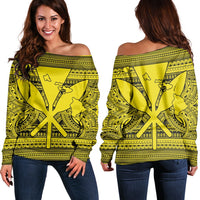 Hawaiian Kanaka Polynesian Tribal Women's Off Shoulder Sweater Reggae Color Yellow AH Black - Polynesian Pride