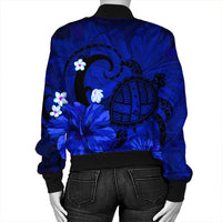 Hawaiian Map Big Turtle Hibiscus Plumeria Tribal Polynesian Bomber Jacket - Blue - AH - Polynesian Pride