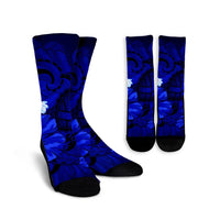 Hawaiian Map Big Turtle Hibiscus Plumeria Tribal Polynesian Crew Socks - Blue - AH Crew Socks White - Polynesian Pride